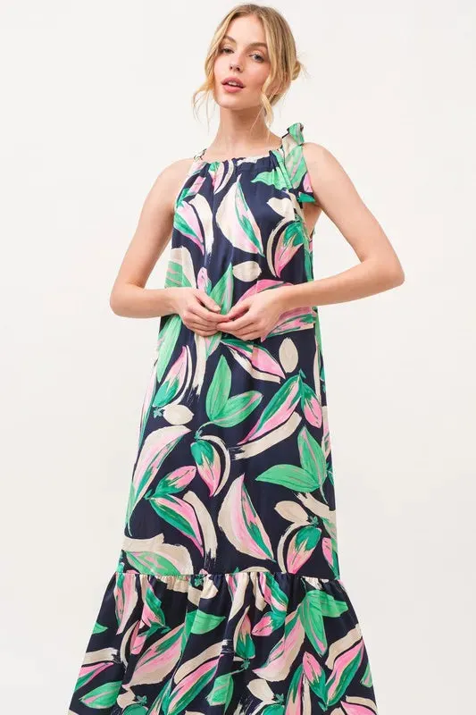 And The Why Botanical Printed Halterneck Tiered Maxi Dress