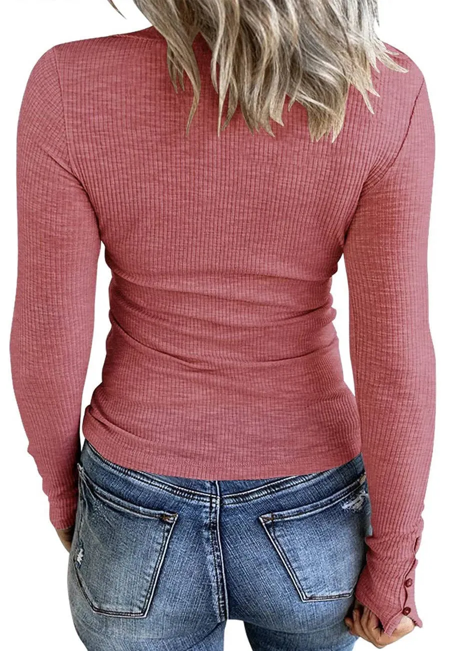 Anna Kaci Ribbed Knit Fitted Henley Top