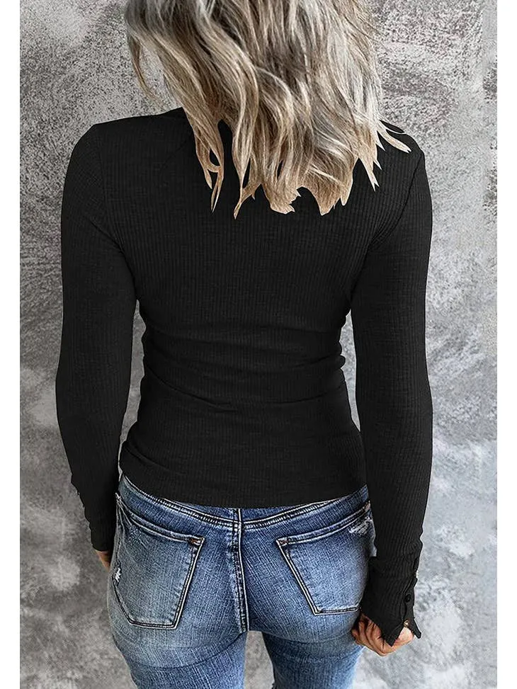 Anna Kaci Ribbed Knit Fitted Henley Top