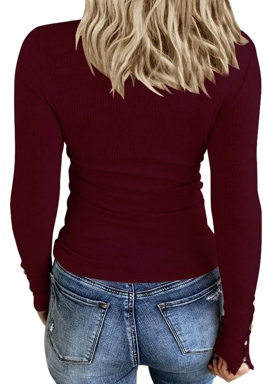 Anna Kaci Ribbed Knit Fitted Henley Top