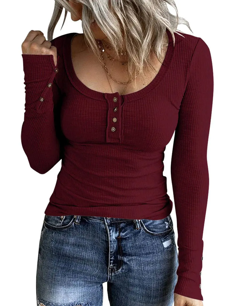 Anna Kaci Ribbed Knit Fitted Henley Top