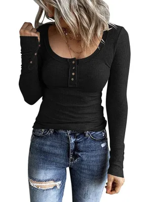 Anna Kaci Ribbed Knit Fitted Henley Top