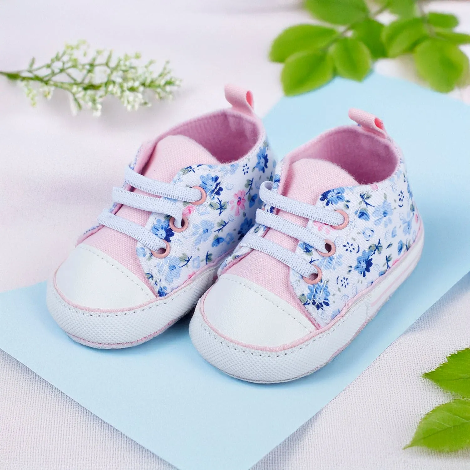 Baby Moo Floral Print Pink Lace Up Booties