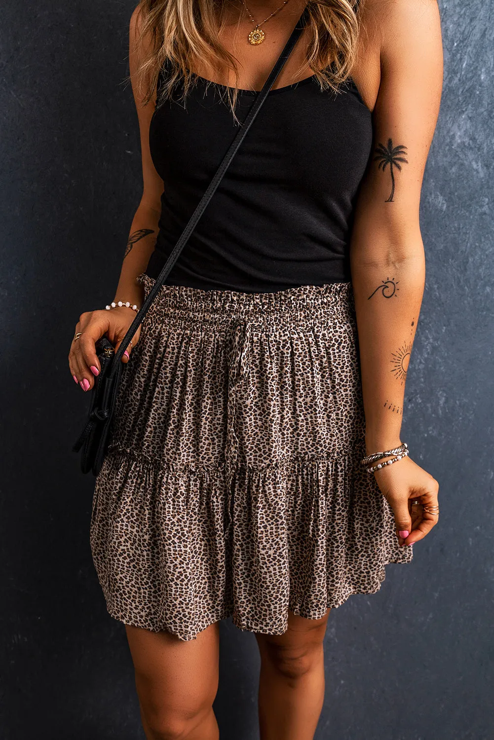 Beige Leopard Drawstring Frilly Short Skirt