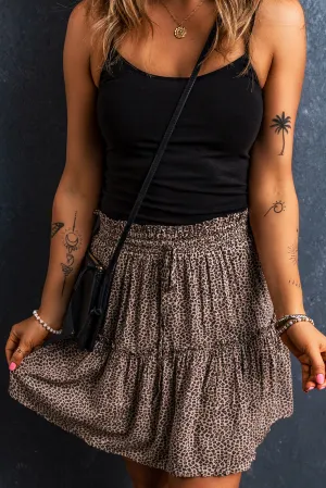 Beige Leopard Drawstring Frilly Short Skirt