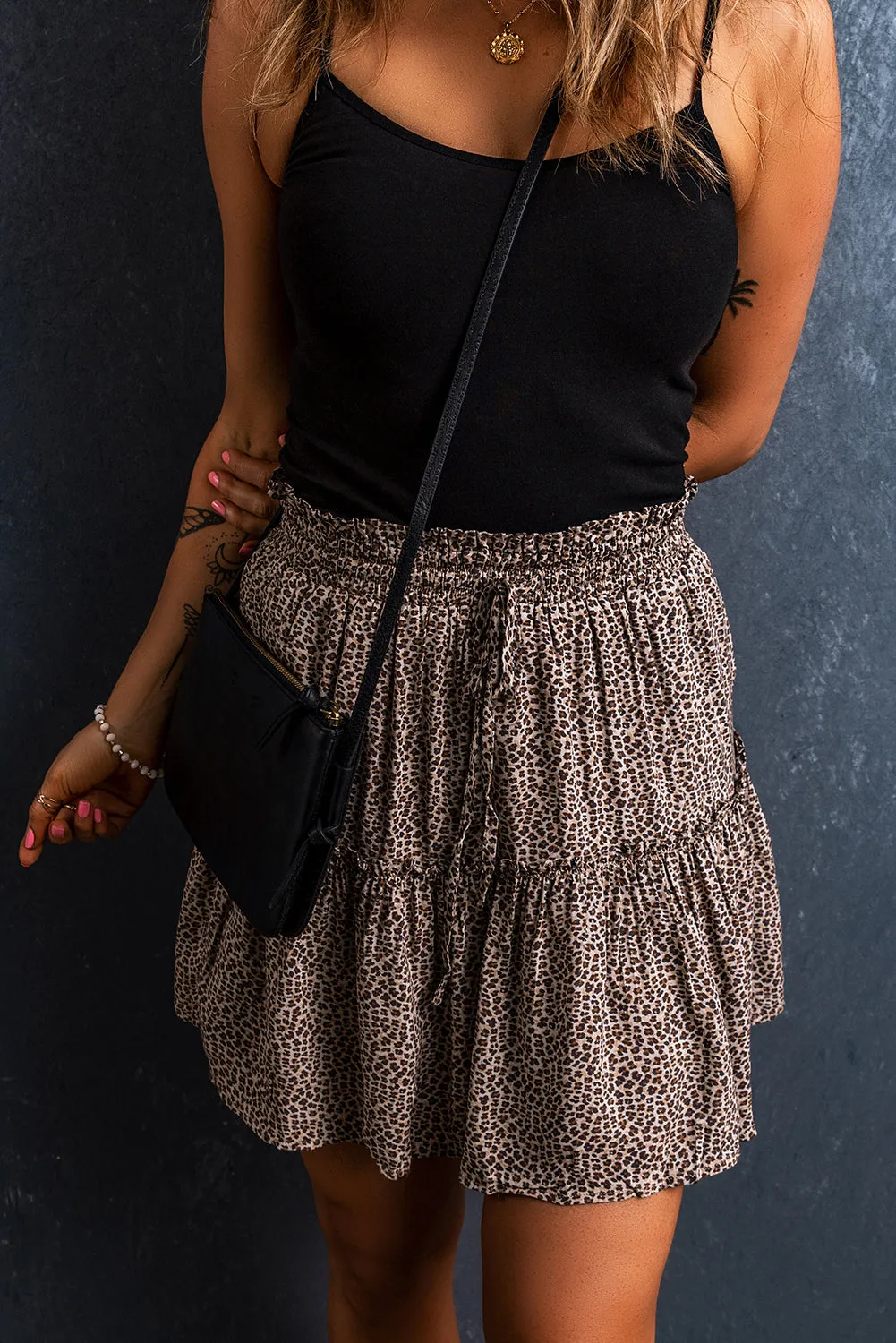 Beige Leopard Drawstring Frilly Short Skirt