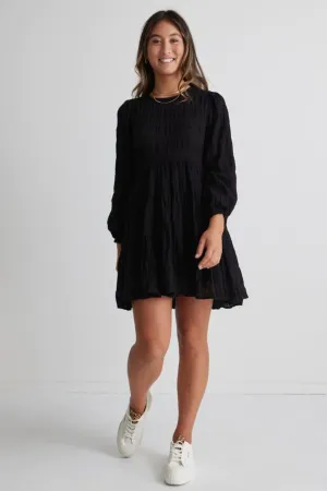 Bella Black Shirred Cotton LS Tierred Mini Dress