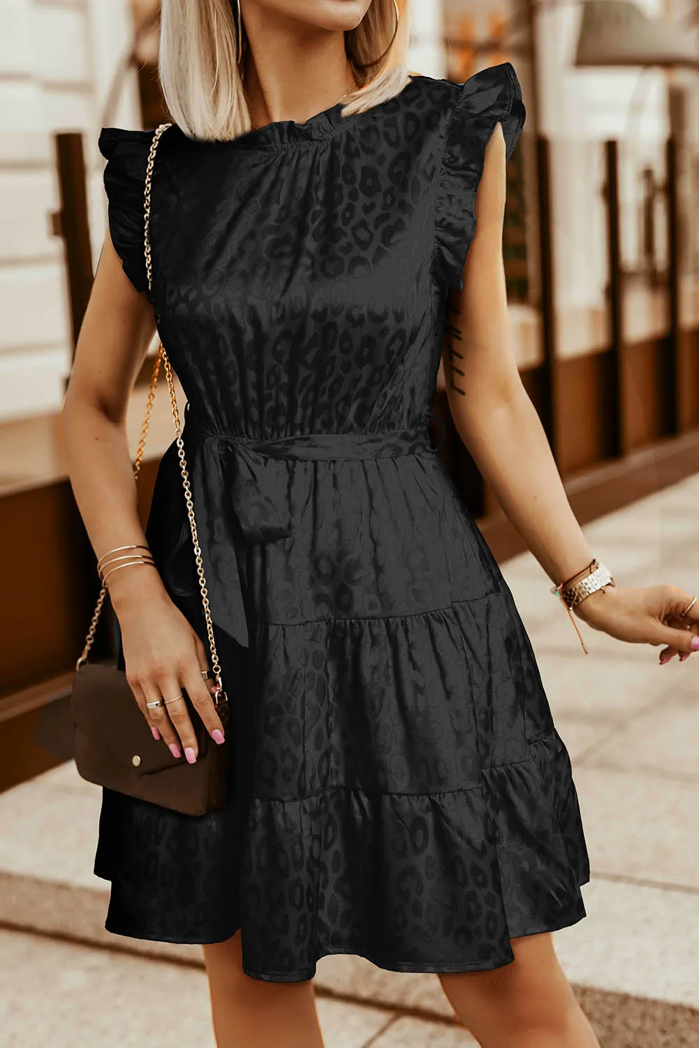 Black Satin Leopard Tie Waist Frilled Sleeveless Dress