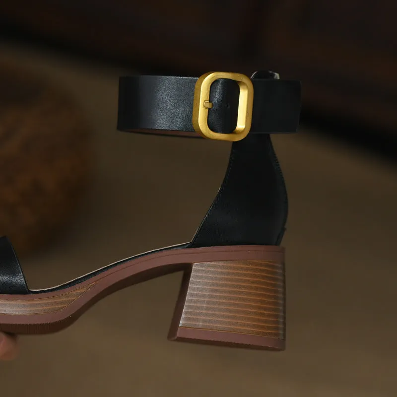 British Style Retro Strap Sandals Chunky Heel