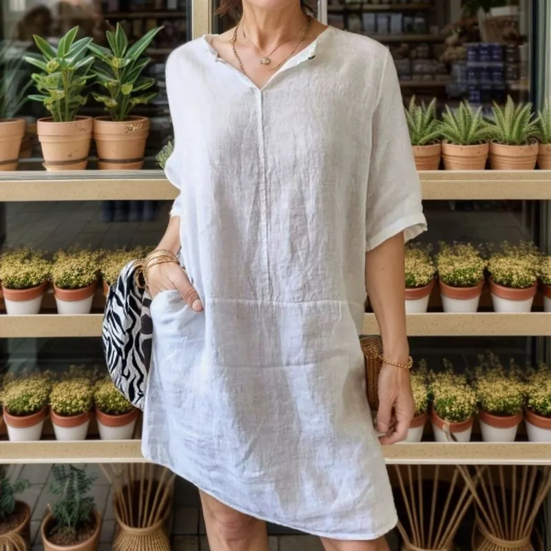 Bronwen | Dress in Cotton Linen with Lapel V-Neck
