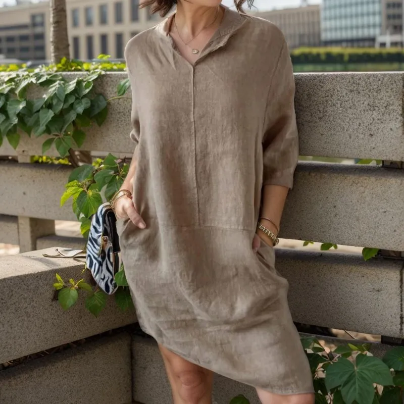 Bronwen | Dress in Cotton Linen with Lapel V-Neck