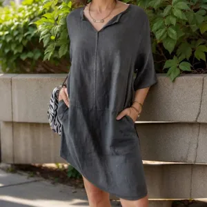 Bronwen | Dress in Cotton Linen with Lapel V-Neck