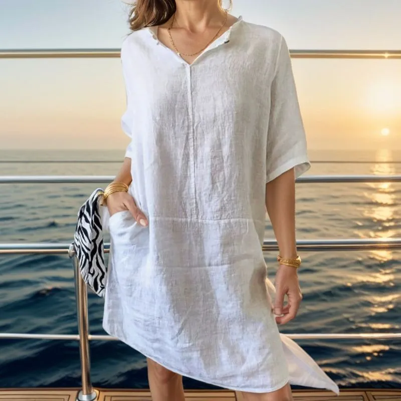 Bronwen | Dress in Cotton Linen with Lapel V-Neck