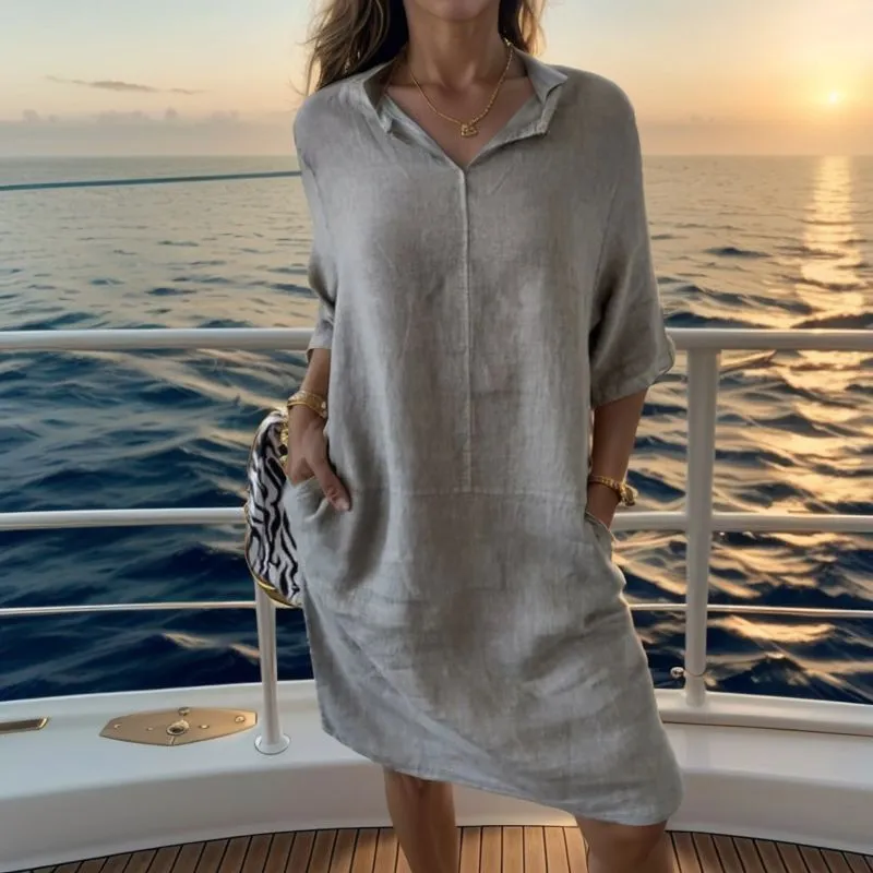 Bronwen | Dress in Cotton Linen with Lapel V-Neck