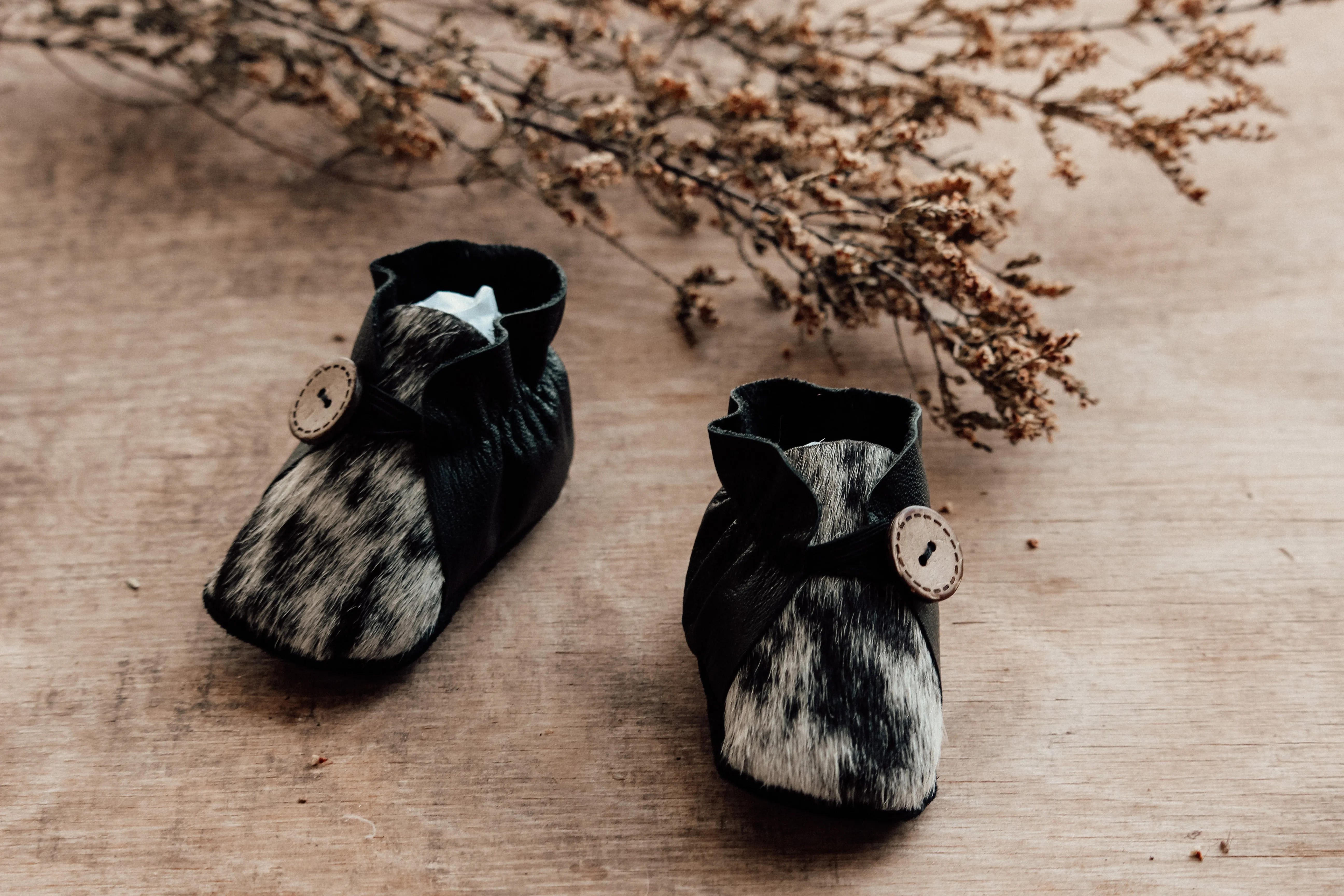 Button Bootie - Black & Cowhide