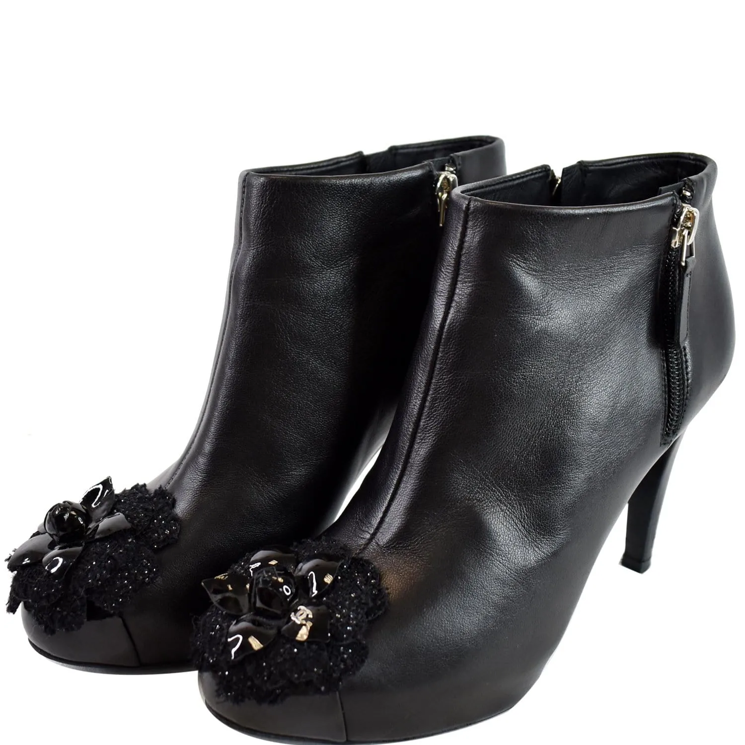 CHANEL Camellia Front Ankle Leather Heel Boots Black US 7.5