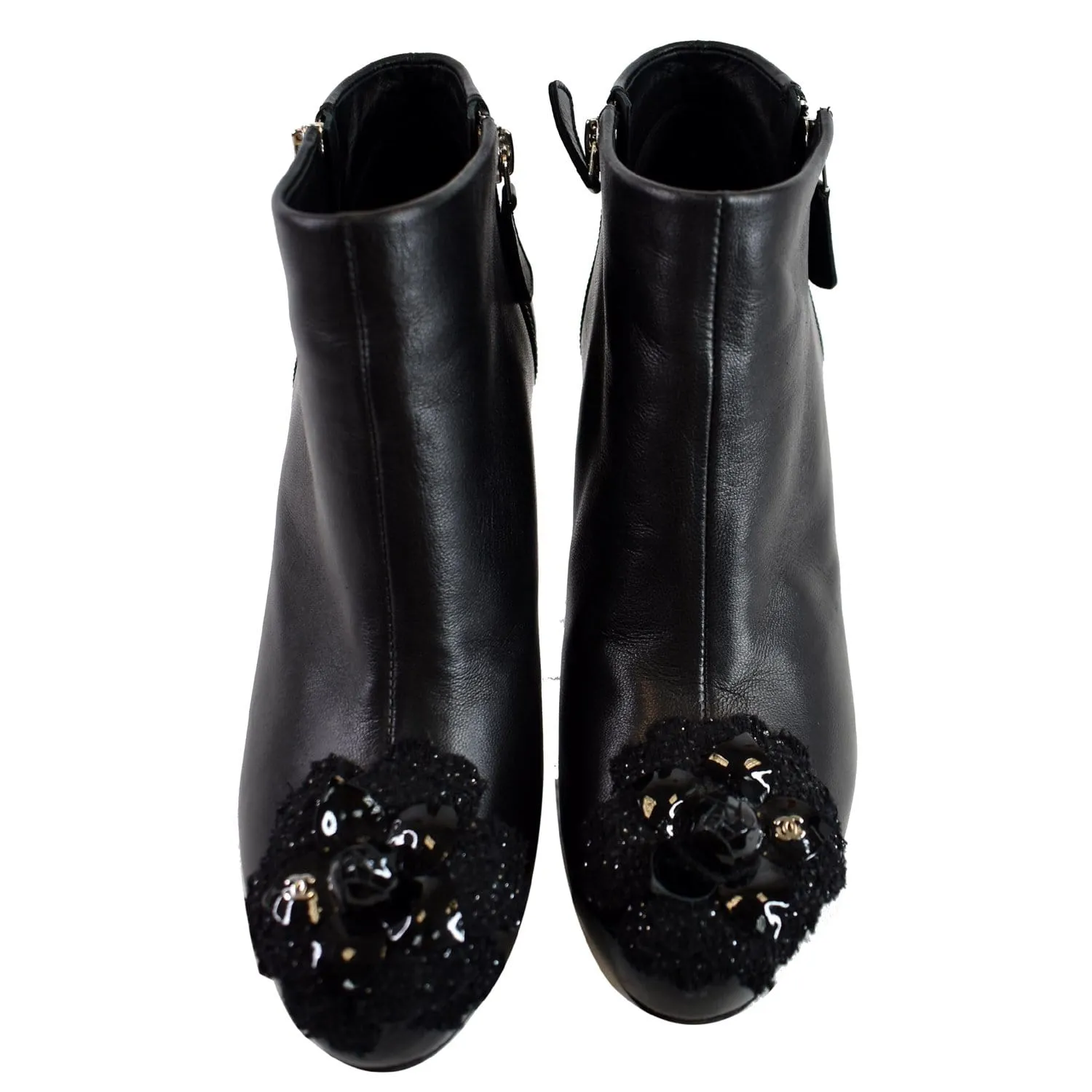 CHANEL Camellia Front Ankle Leather Heel Boots Black US 7.5