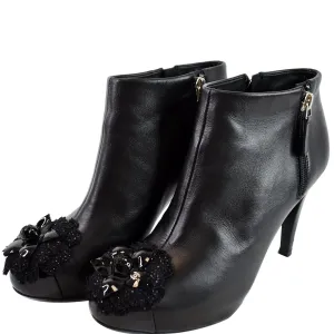 CHANEL Camellia Front Ankle Leather Heel Boots Black US 7.5