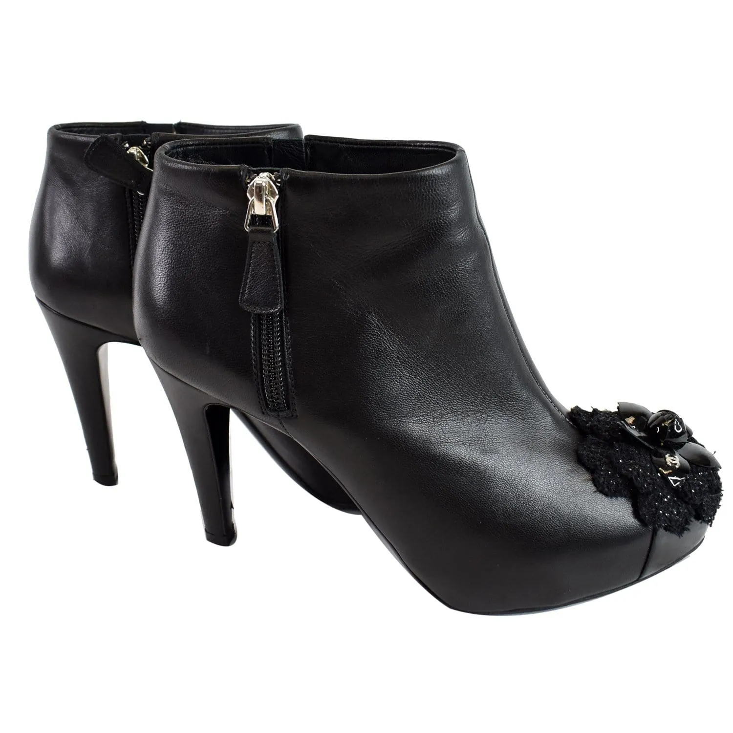 CHANEL Camellia Front Ankle Leather Heel Boots Black US 7.5