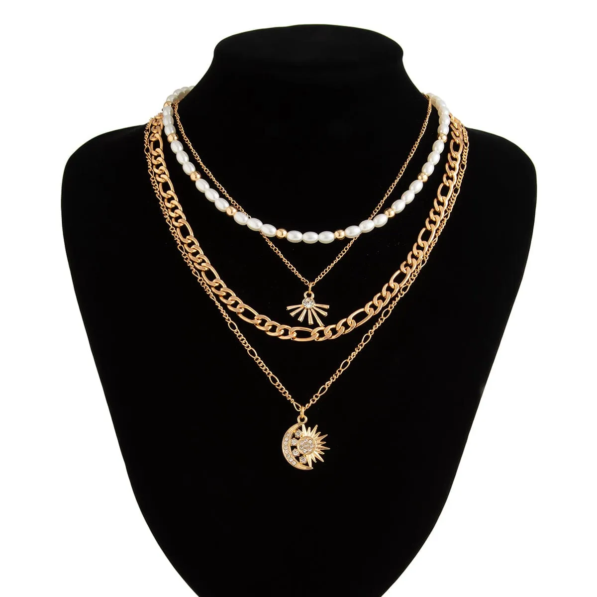 Chic 4pcs Rhinestone Inlaid Sun Moon Pendant Pearl Chain Necklace Set