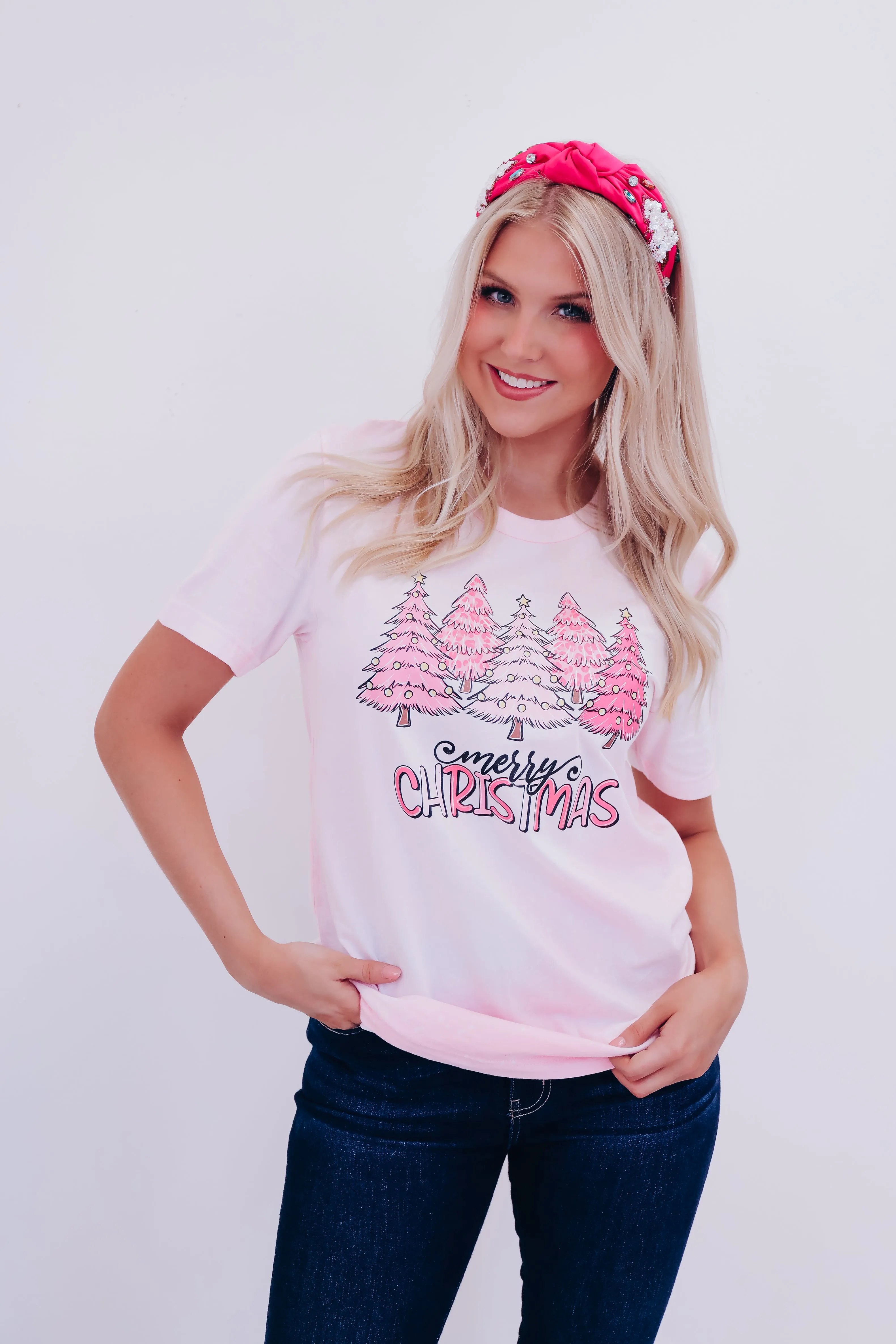 Christmas Tree Bleach Wash Graphic Tee - Pink