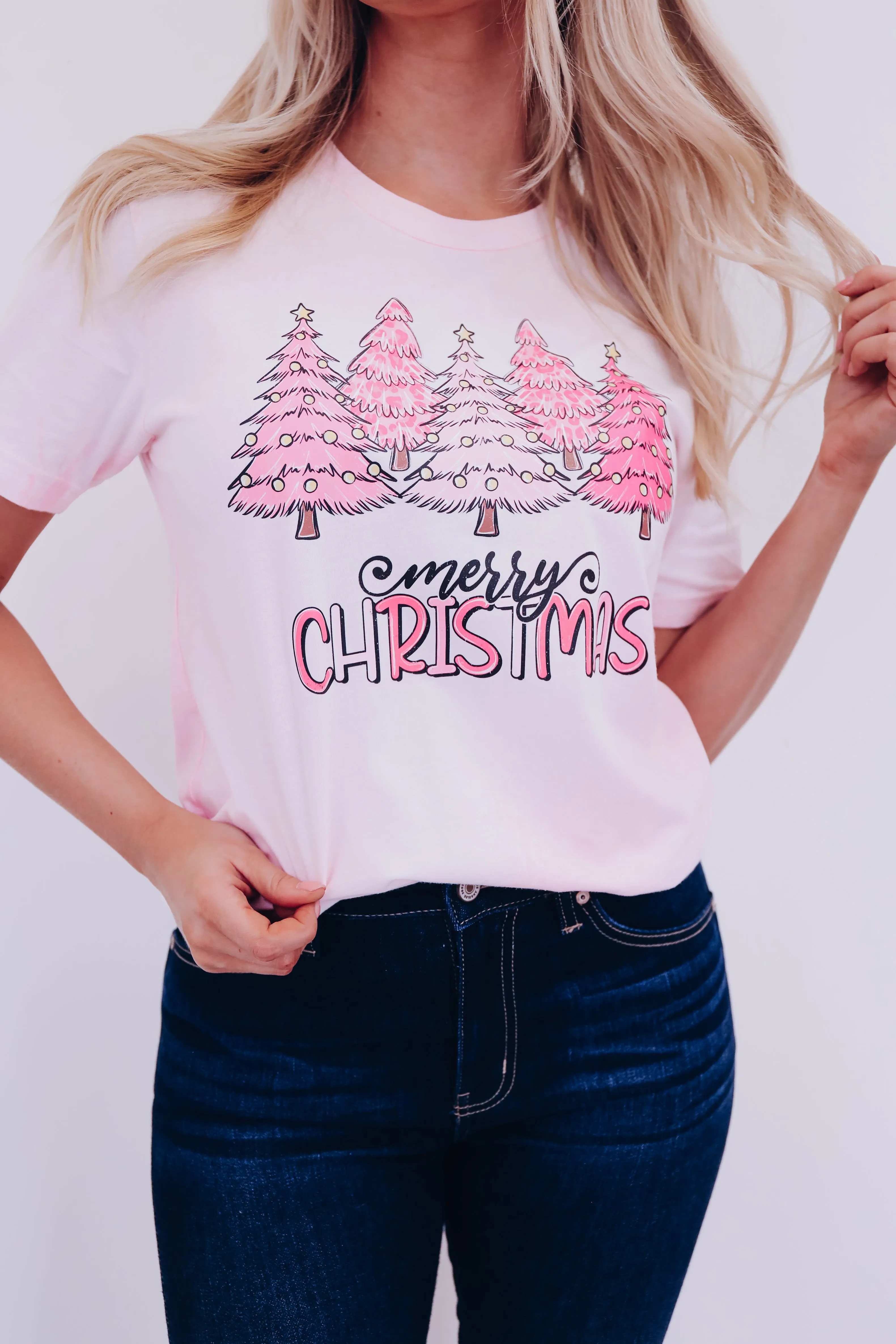 Christmas Tree Bleach Wash Graphic Tee - Pink