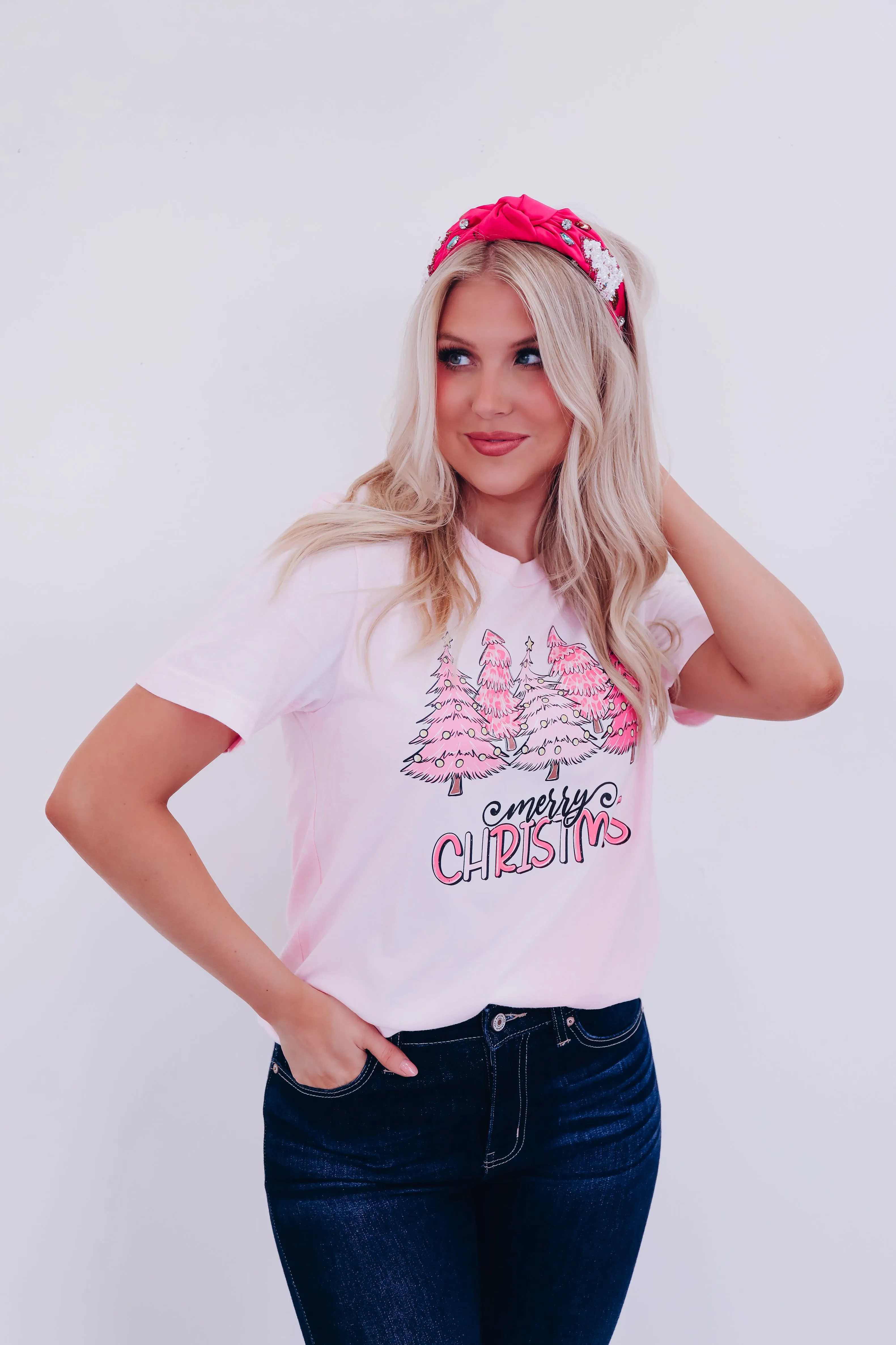 Christmas Tree Bleach Wash Graphic Tee - Pink