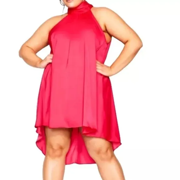 City Chic Tunic Dress Woman Plus 24 Hi Low Shine Flamingo Pink Tie High Neck New