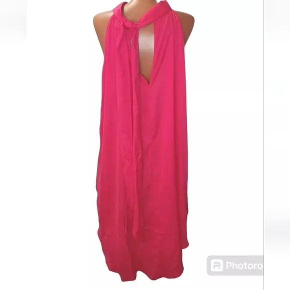 City Chic Tunic Dress Woman Plus 24 Hi Low Shine Flamingo Pink Tie High Neck New