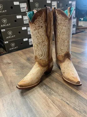 Corral Women's Crackled Straw-Blue Liminiscent Embroidery  Western Boots - Snip Toe