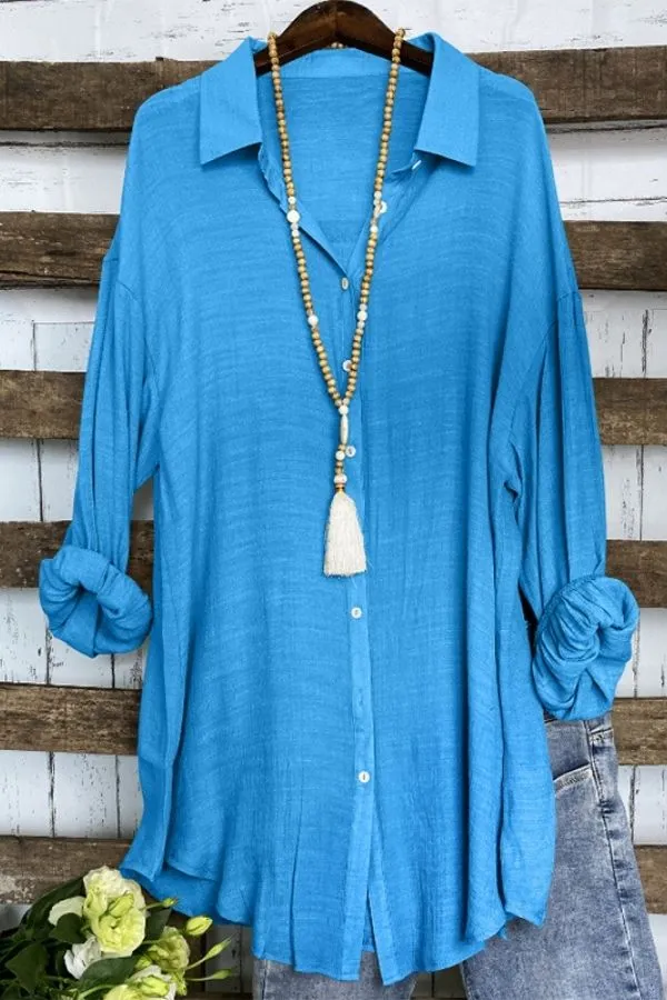 Cozy Shirt Collar Solid Color Blouse