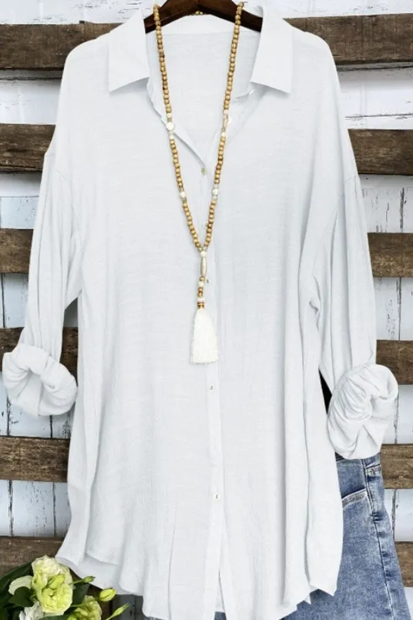 Cozy Shirt Collar Solid Color Blouse