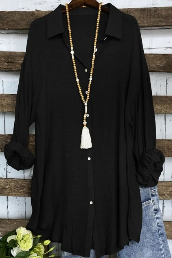 Cozy Shirt Collar Solid Color Blouse