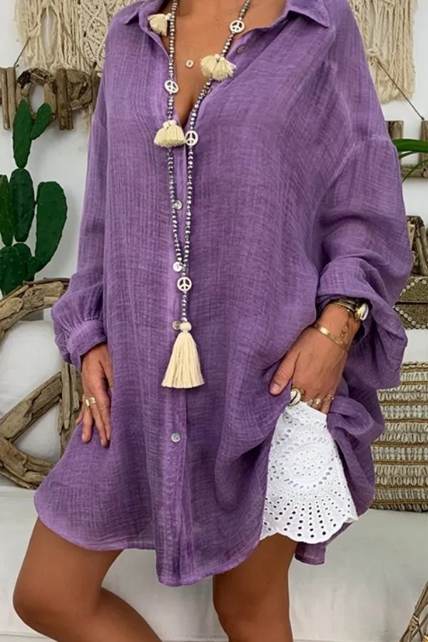 Cozy Shirt Collar Solid Color Blouse