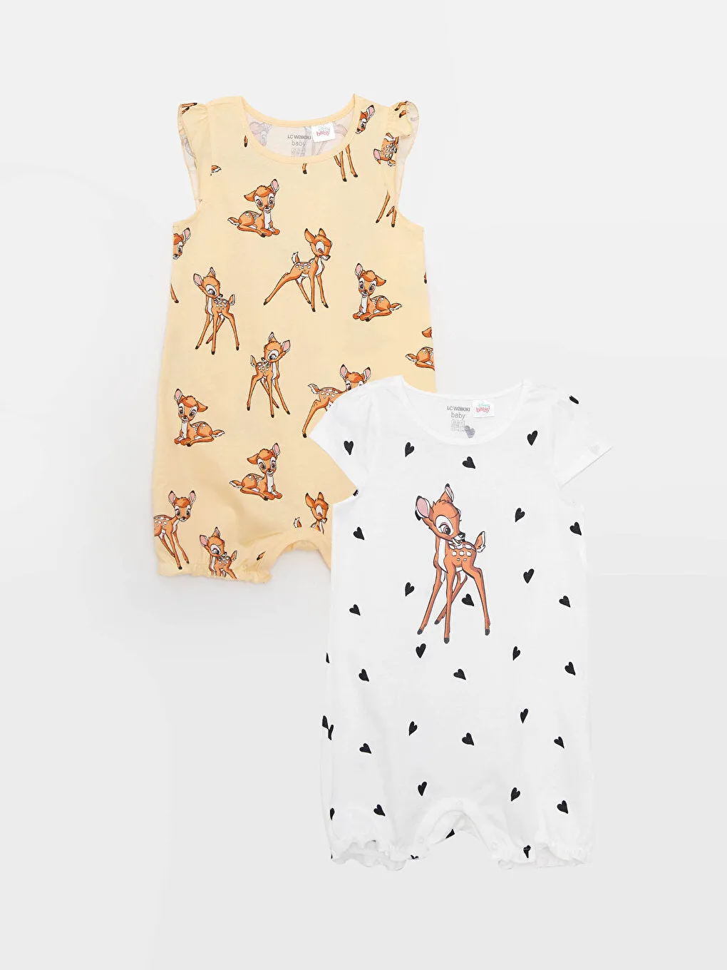 Crew Neck Bambi Printed Cotton Baby Girl Jumpsuit 2-pack