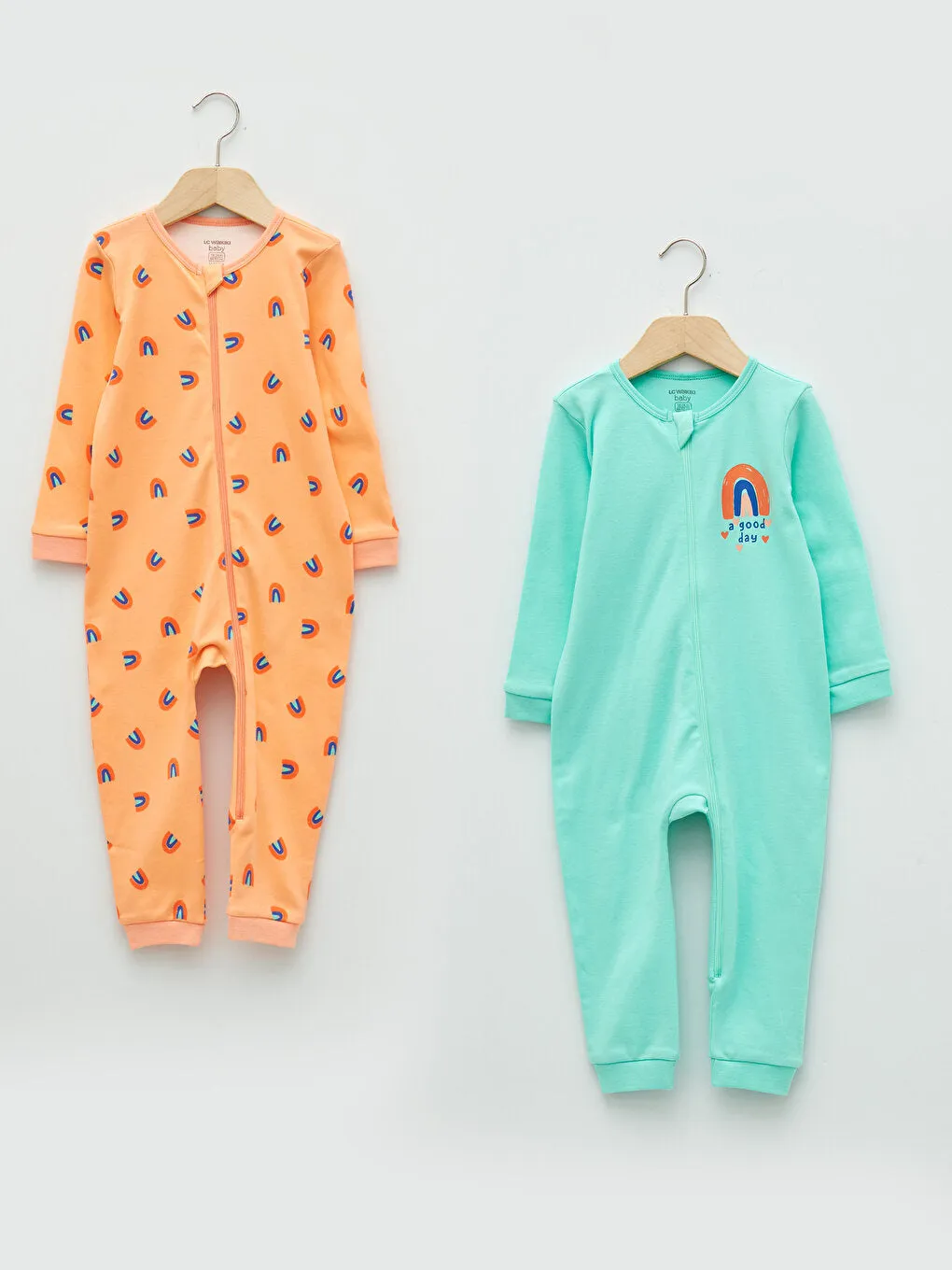 Crew Neck Long Sleeve Cotton Baby Girl Zipper Jumpsuit 2-pack