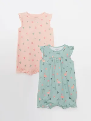 Crew Neck Printed Cotton Baby Girl Jumpsuit 2-pack