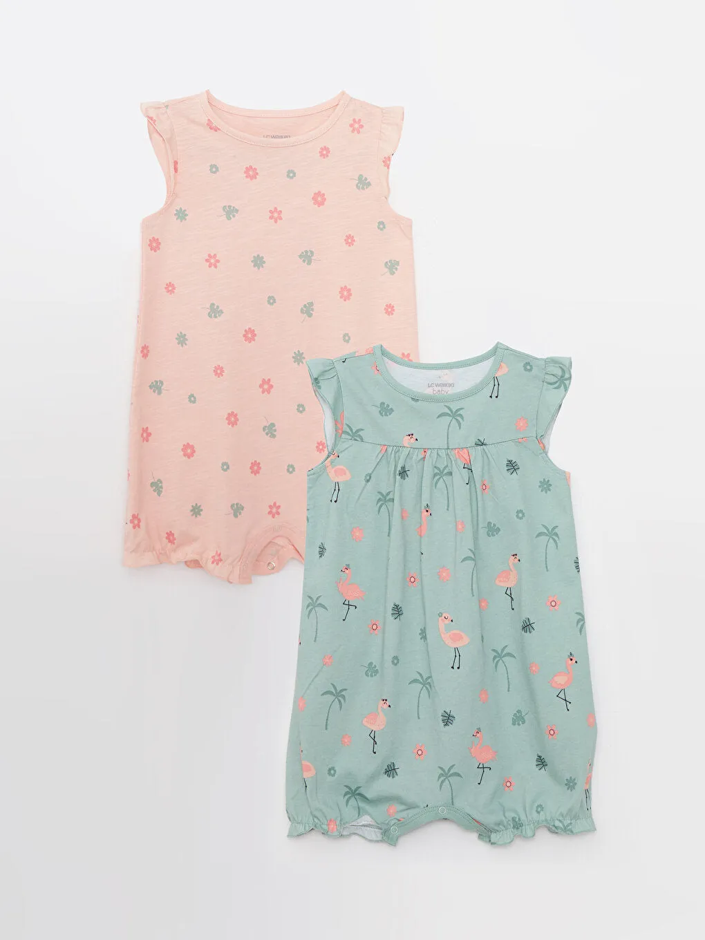 Crew Neck Printed Cotton Baby Girl Jumpsuit 2-pack