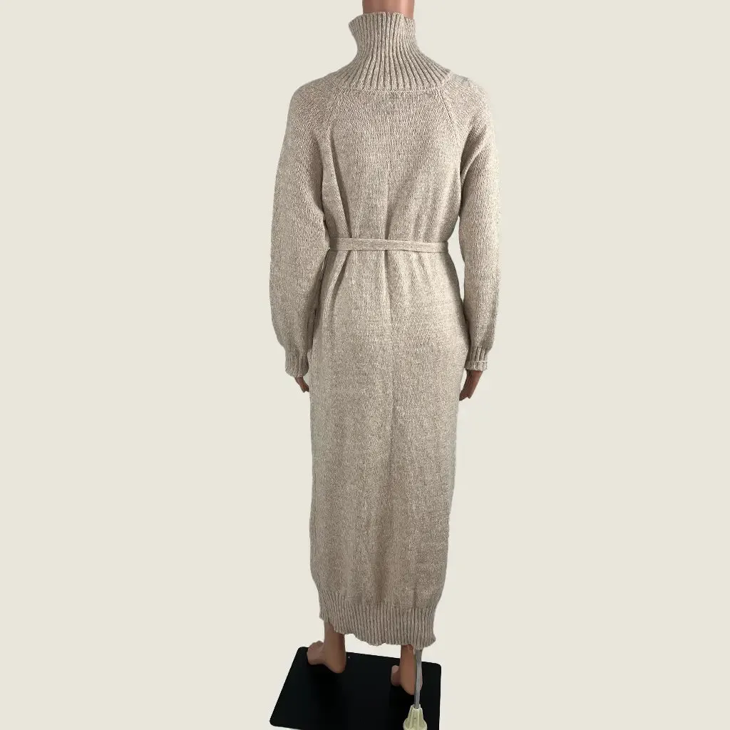 Delilah Knit Maxi Belted Dress Beige Small