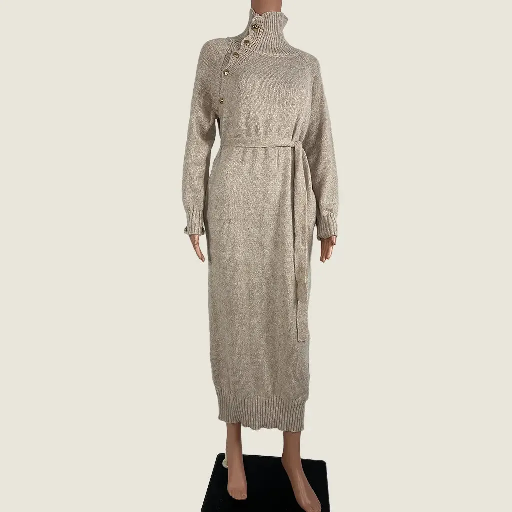 Delilah Knit Maxi Belted Dress Beige Small
