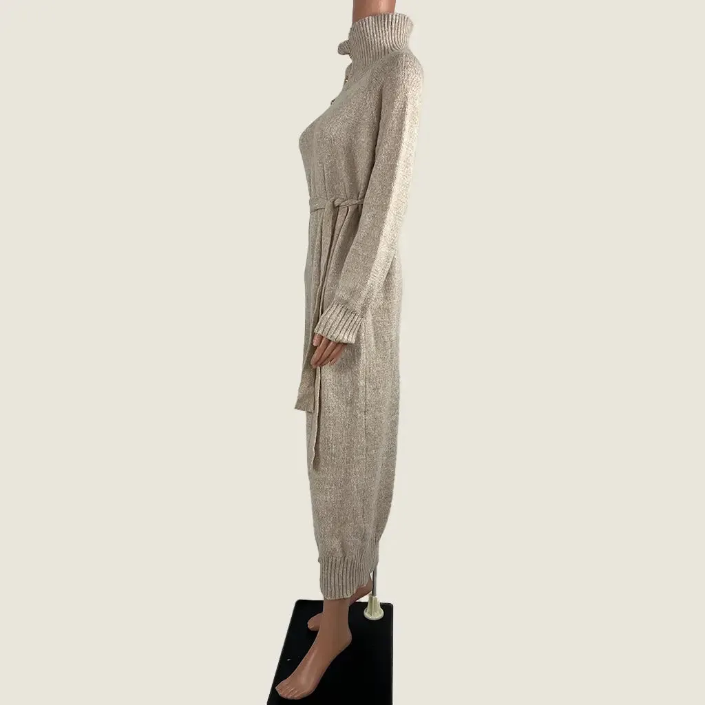 Delilah Knit Maxi Belted Dress Beige Small