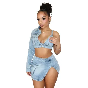 Denim Backless Slit Two Piece Cowboy Outfits