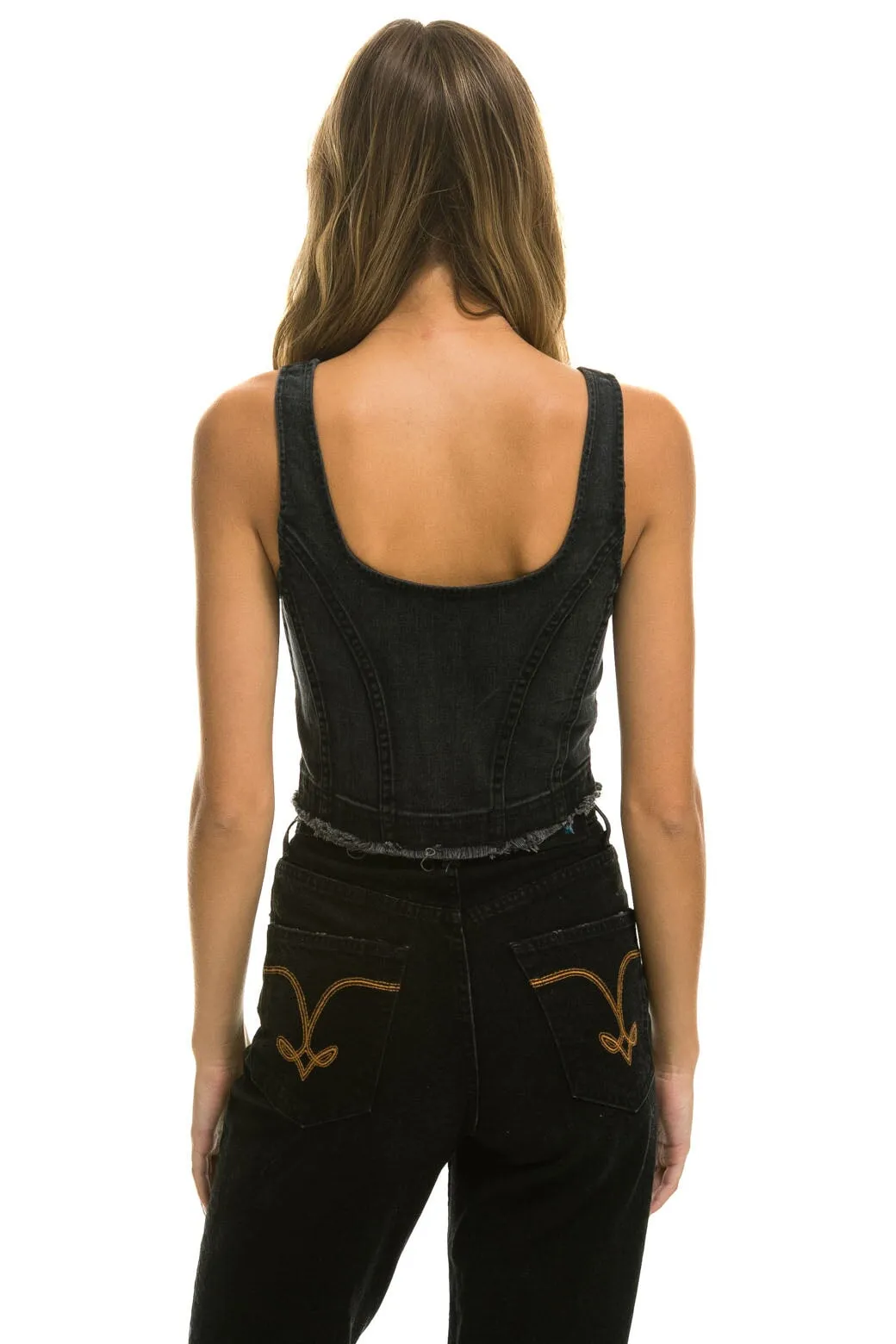 DENIM TOP ZIP FRONT BUSTIER - VINTAGE BLACK