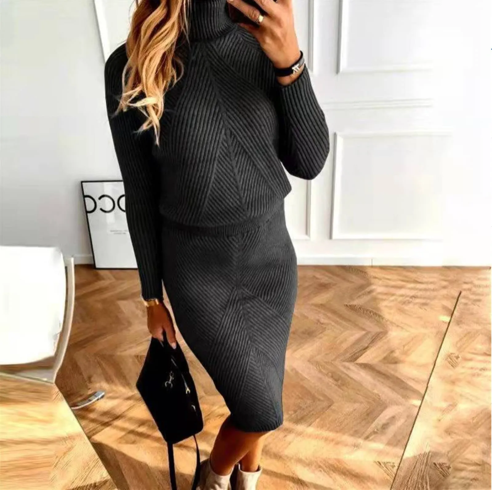 Elegant Turtleneck Knit Sweater Dress