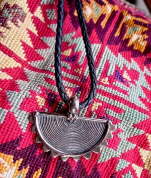 Engraved Tribal Silver Crescent Pendant on Black Leather