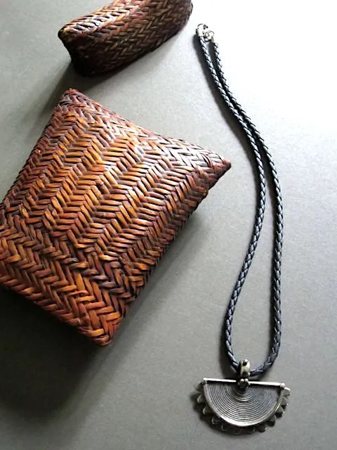 Engraved Tribal Silver Crescent Pendant on Black Leather