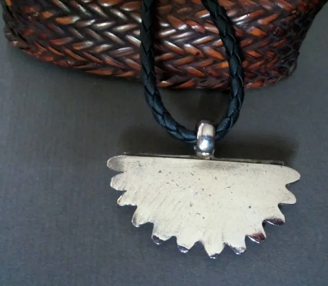 Engraved Tribal Silver Crescent Pendant on Black Leather