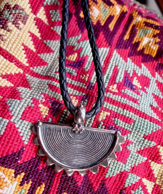 Engraved Tribal Silver Crescent Pendant on Black Leather