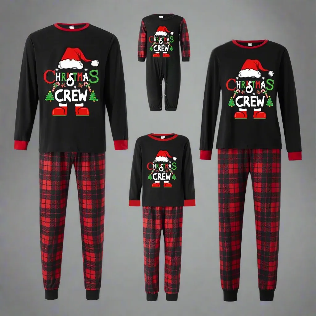 Family Matching "Christmas Crew" Pajamas - Black and Red Plaid Holiday Pajama Set for Kids and Adults
