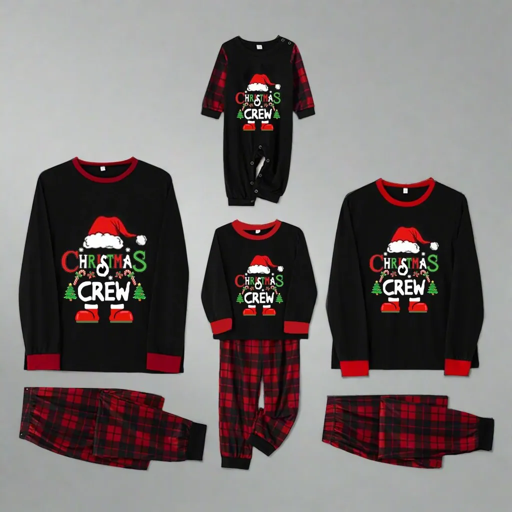 Family Matching "Christmas Crew" Pajamas - Black and Red Plaid Holiday Pajama Set for Kids and Adults